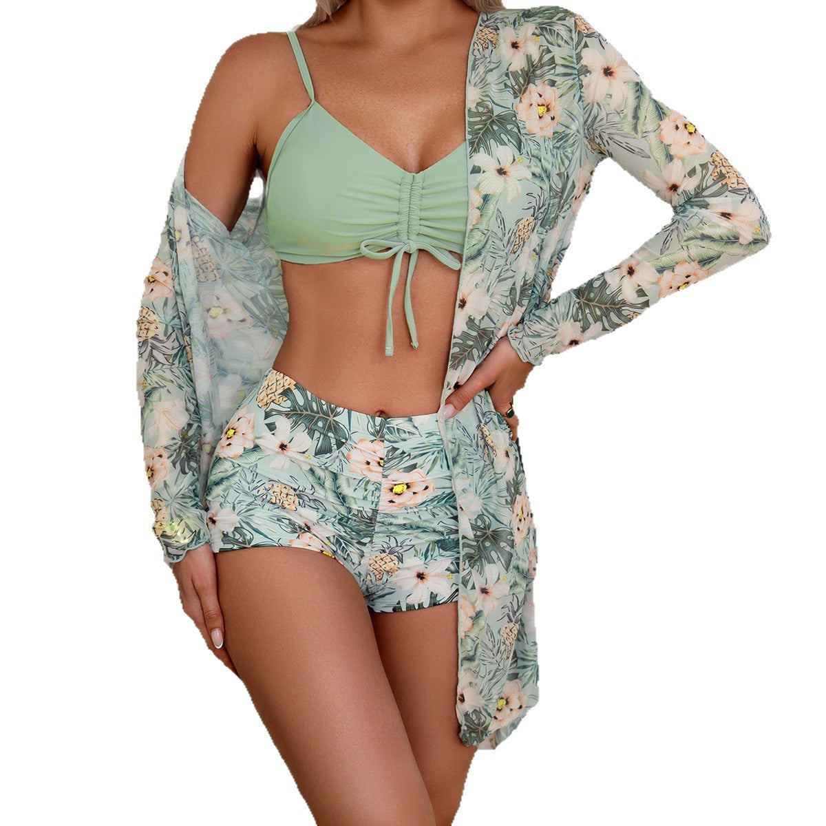 Three-piece split swimsuit set with long-sleeve sun protection cover-up, sexy women's bikini swimwear