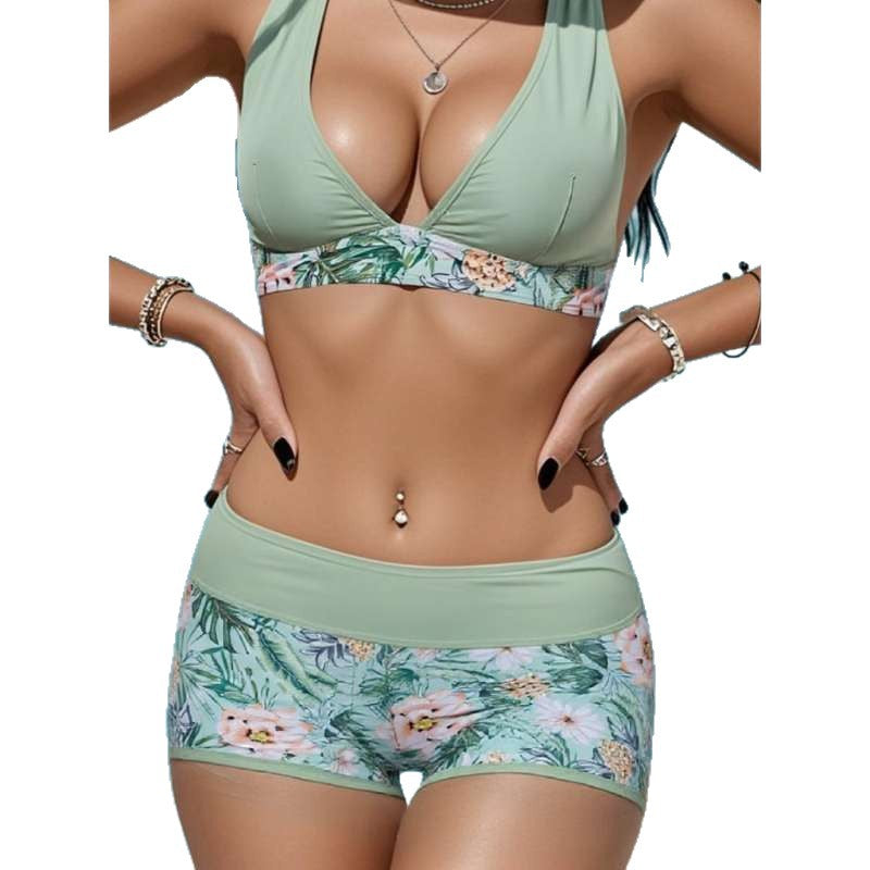 Women's Halter High-Waisted Split Swimsuit, Floral Print Mint Green Bikini for Beach Vacations