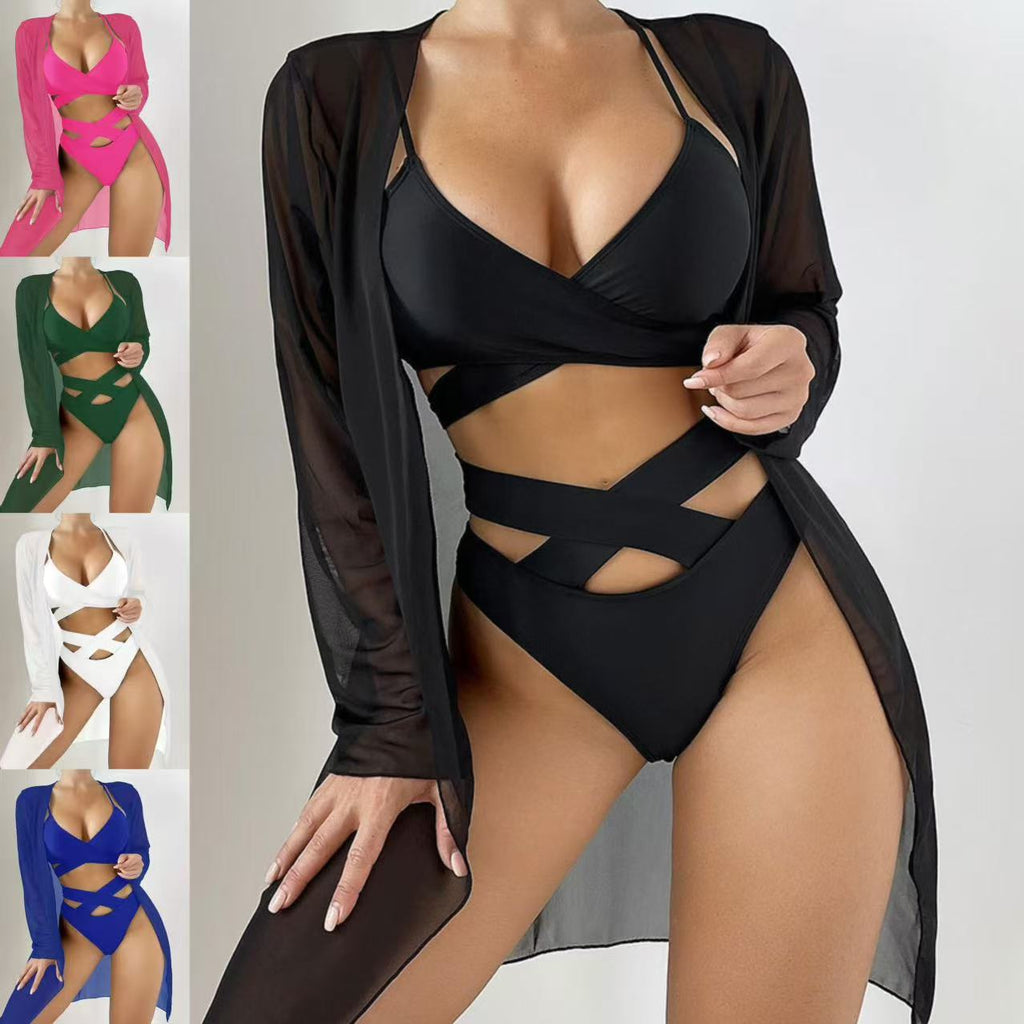 New lace-up sexy cover-up bikini three-piece swimsuit for women, elegant beach swimwear