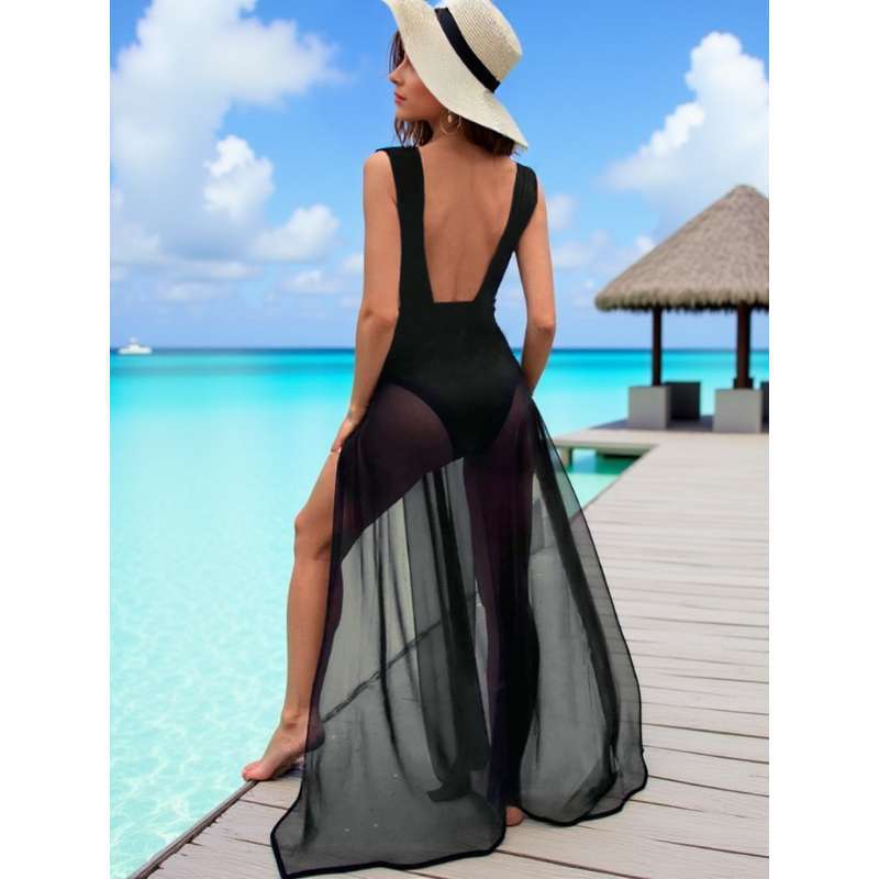 Women's one-piece swimsuit, hot-selling style, sexy deep V neck, high cut, mesh embroidery beach dress, vacation bikini