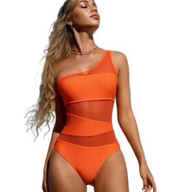 Women's Bikini Swimwear, Sexy Hollow Mesh One-Shoulder Slimming Swimsuit for Women