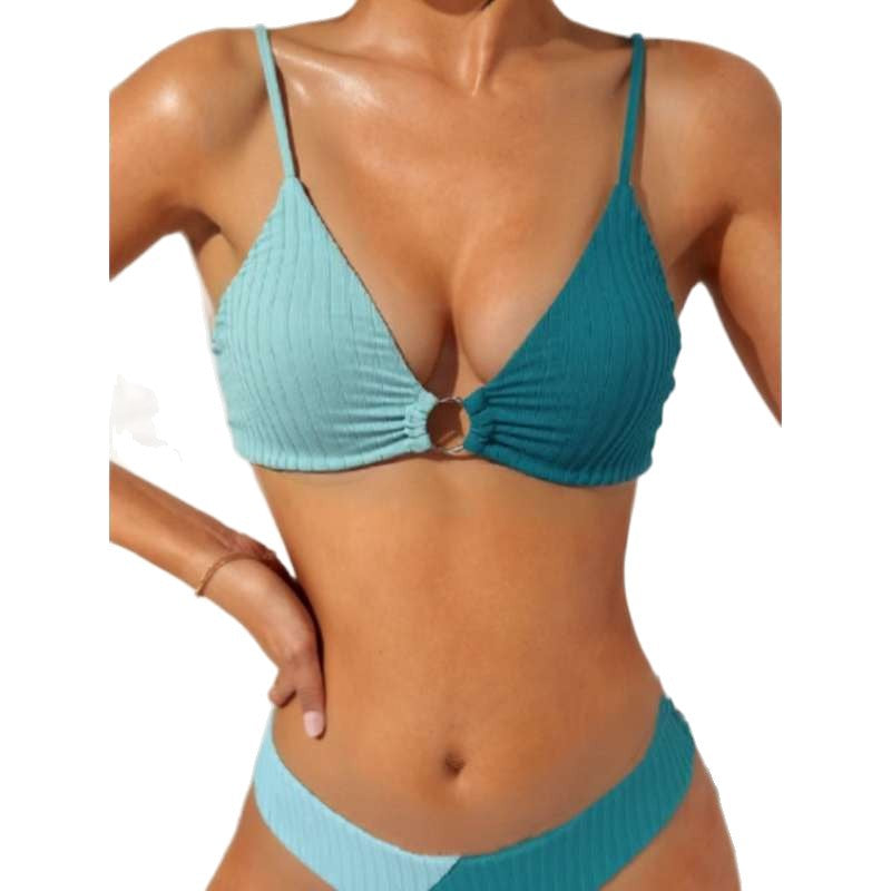 Women's Color Block Bikini Swimsuit with Triangle Cups, Metal Ring Decorations and Adjustable Shoulder Straps