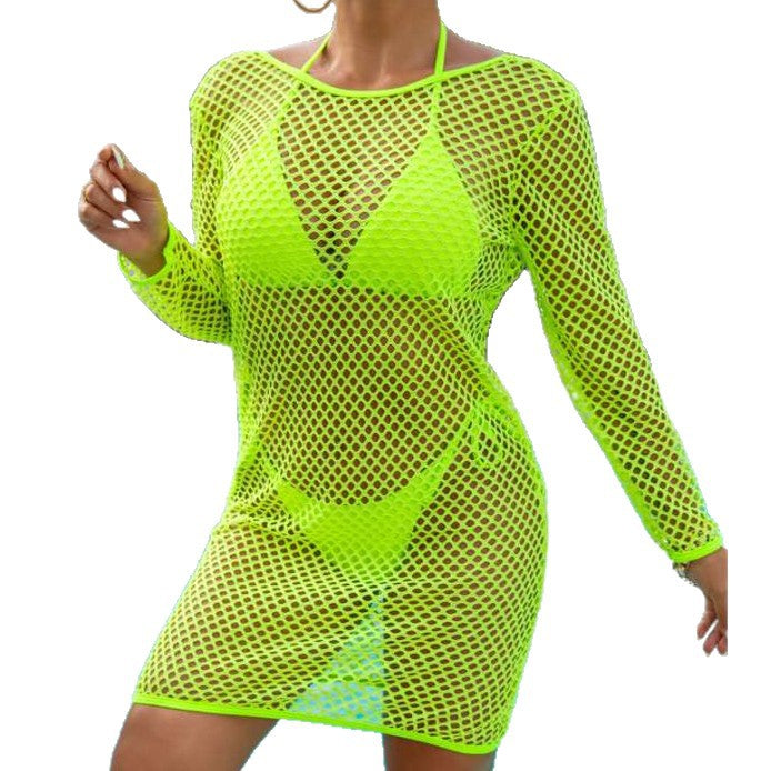 Women's fluorescent green mesh long-sleeve cover-up skirt bikini three-piece backless vacation swimsuit set