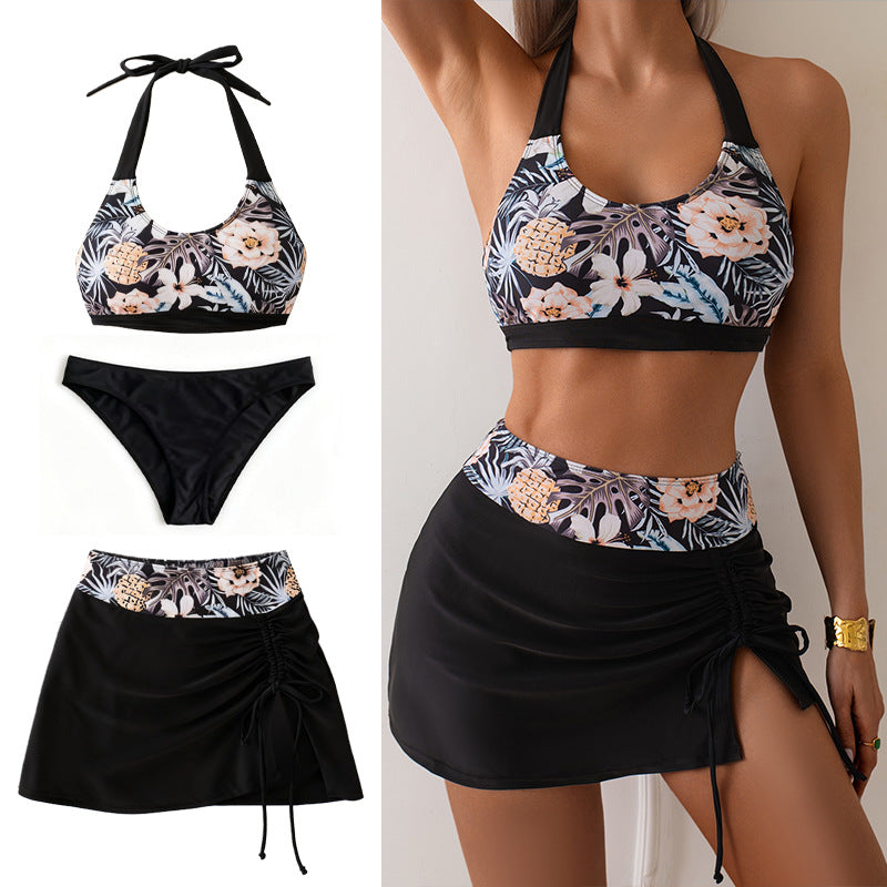 New Printed Sexy Three-Piece Bikini, Women's Split Swimsuit with High-Waisted Slit Swim Skirt
