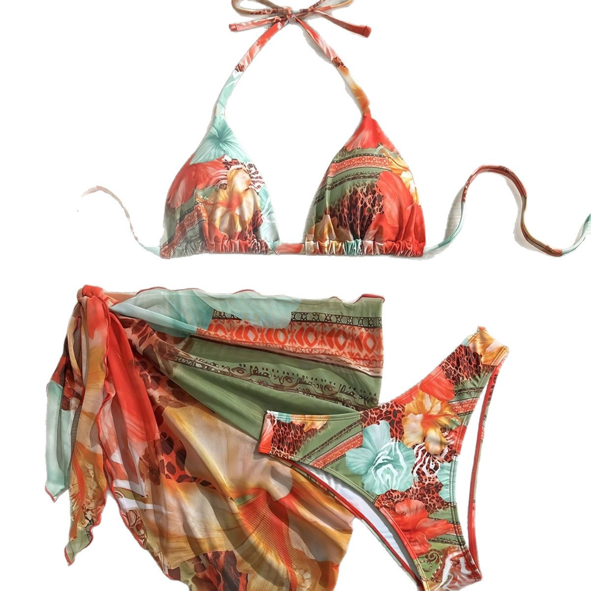 Women's Red Floral Print Swimsuit, Three-Piece Sexy Tight Quick-Drying Bikini for Hot Spring and Vacation