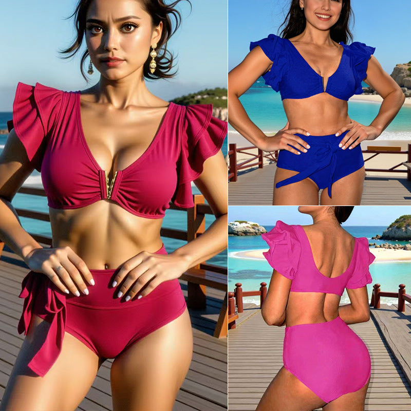 New arrival ruffled high-waisted bikini, retro Instagram-style, figure-flattering and tummy-concealing deep V push-up hot-selling swimsuit for vacations