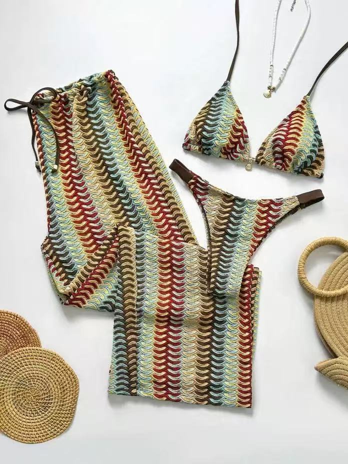 Fashion Sexy Striped Three-Piece Split Women's Bikini Swimsuit