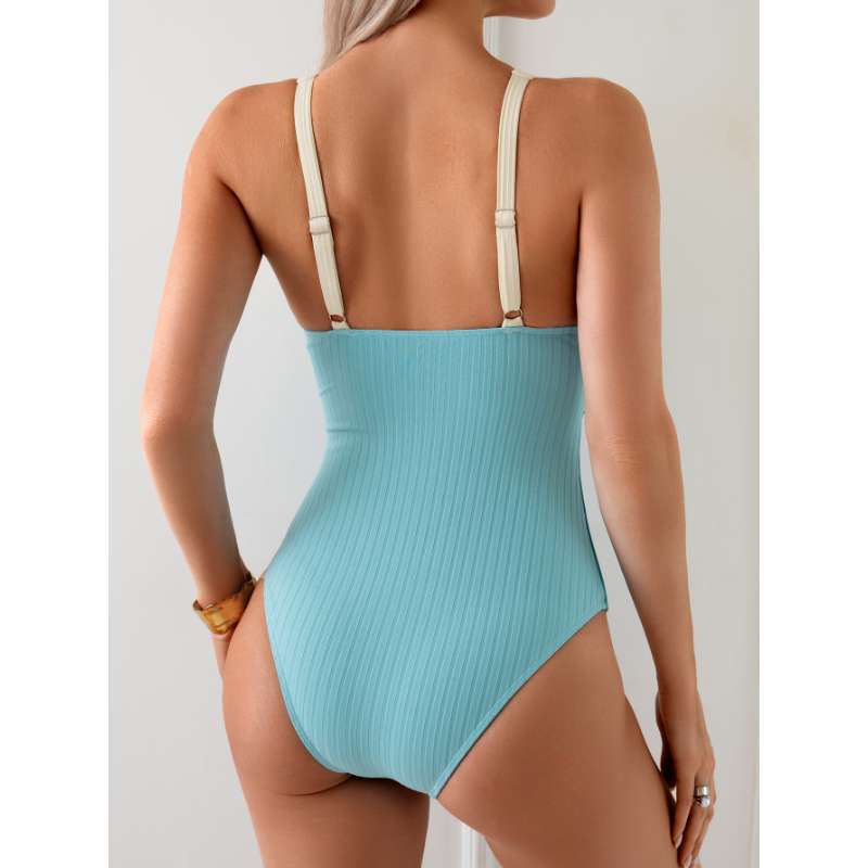 Women's Color-blocked One-piece Swimsuit with Deep V-neck, Adjustable Shoulder Straps, Slim-fit Design for Vacation Swimming