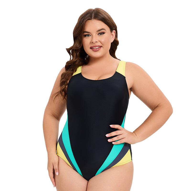 New Plus-Size Women's Color Block Sporty One-Piece Triangle Backless Conservative Swimsuit
