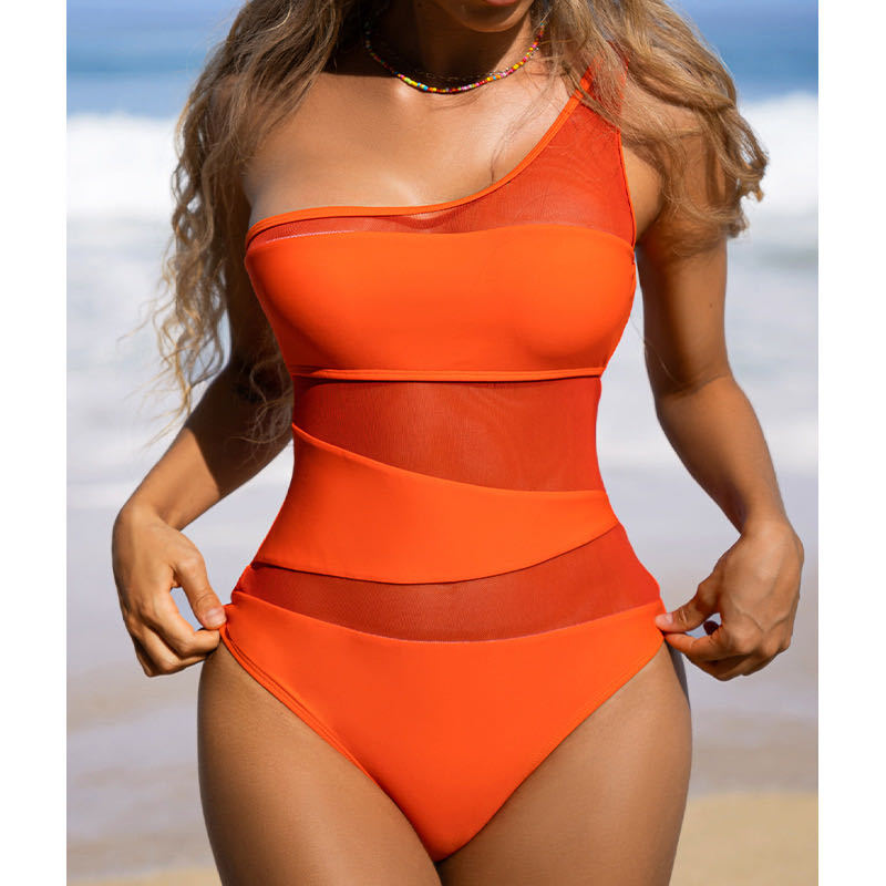 Women's Bikini Swimwear, Sexy Hollow Mesh One-Shoulder Slimming Swimsuit for Women