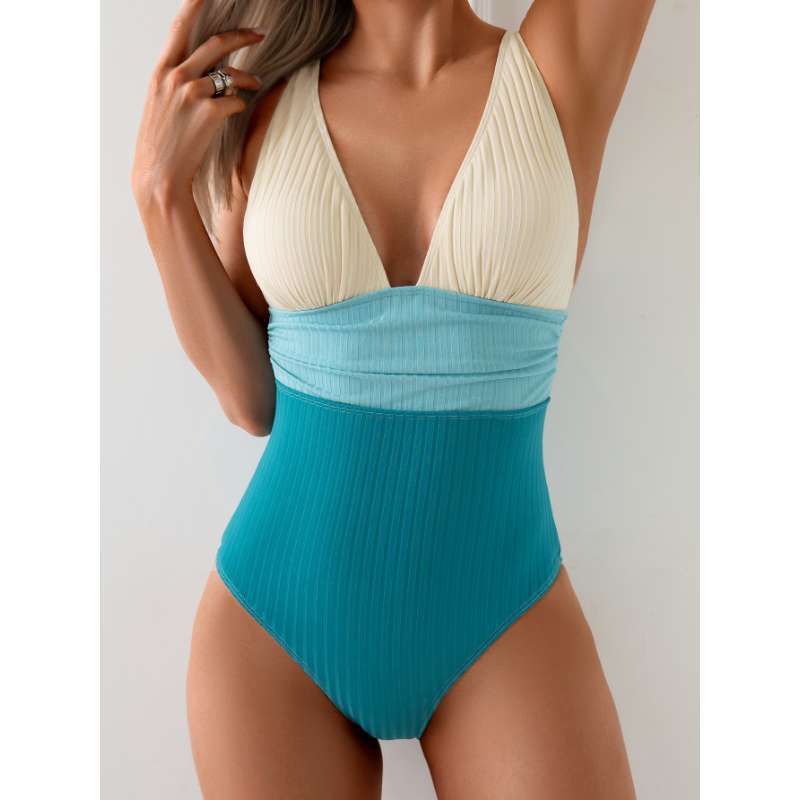 Women's Color-blocked One-piece Swimsuit with Deep V-neck, Adjustable Shoulder Straps, Slim-fit Design for Vacation Swimming