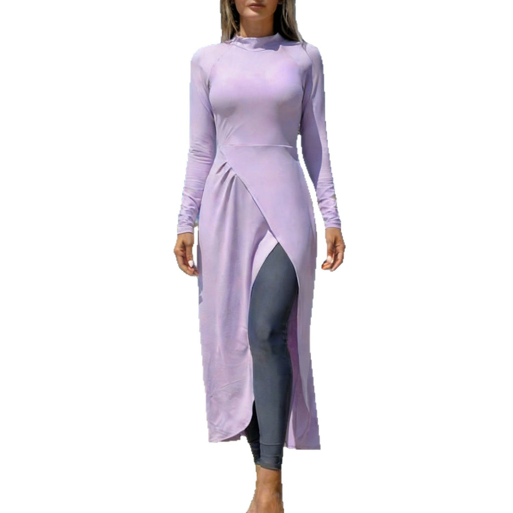 Women's conservative swimwear set including long-sleeve, long-legged one-piece skirt-style swimsuit and separate swimsuit pieces