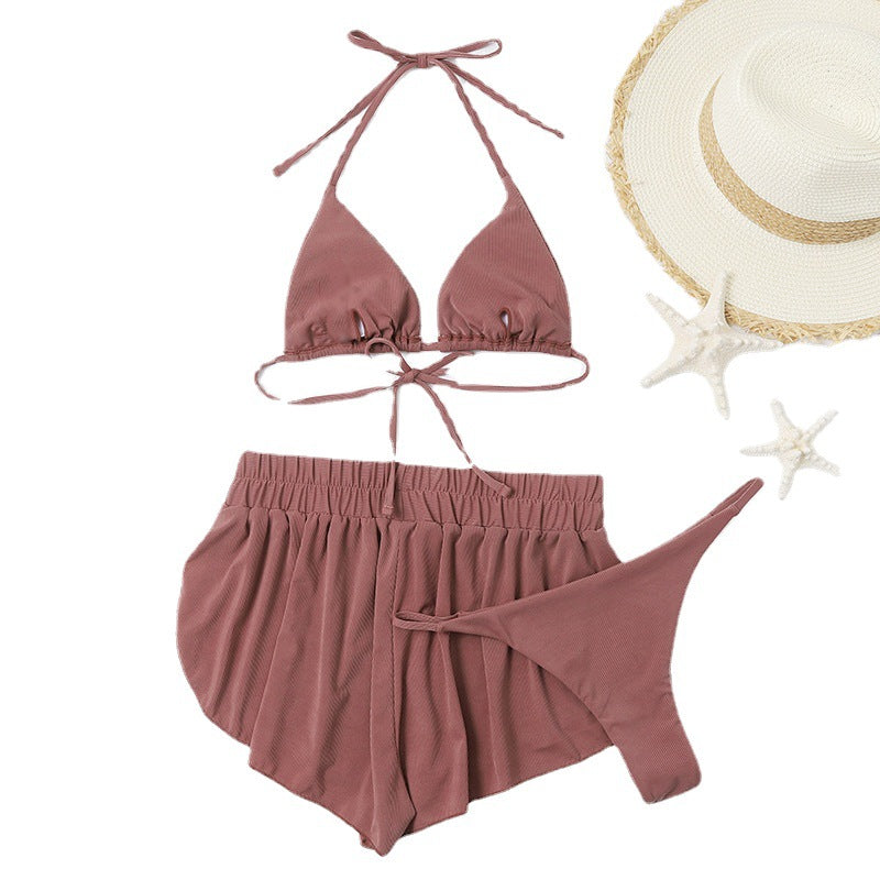 Three-piece solid color separate women's swimsuit set, bikini swimsuit with padded cups