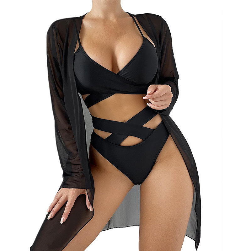 New lace-up sexy cover-up bikini three-piece swimsuit for women, elegant beach swimwear