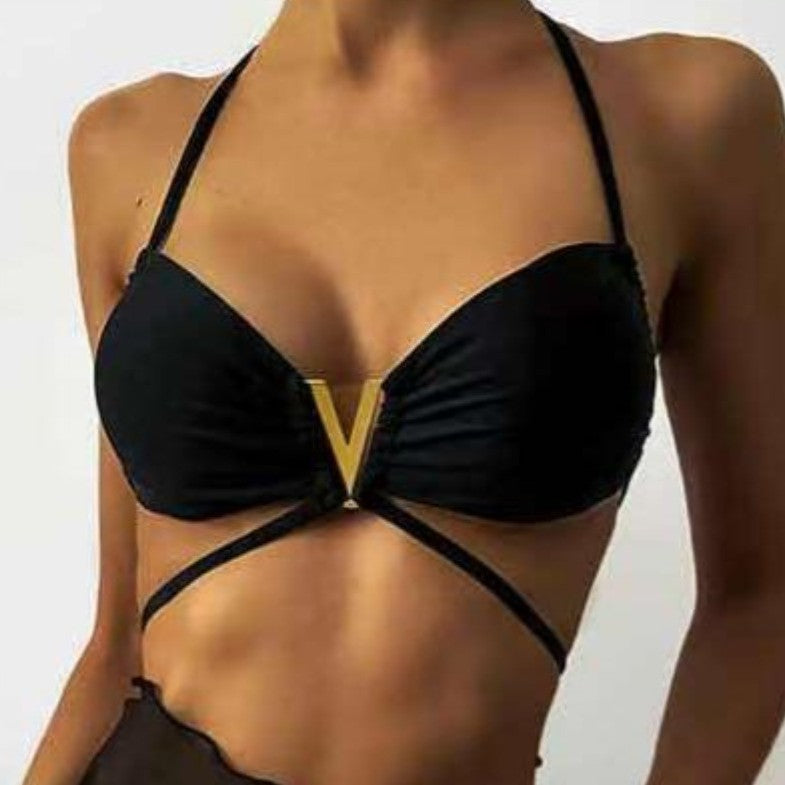 Black Bikini, Sexy Backless Design, In Stock, One Size, Three-Piece Solid Color Split Swimsuit