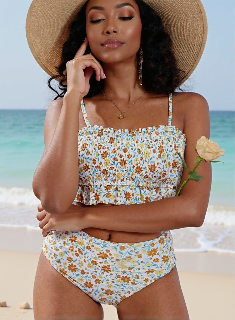Women's Fresh Floral Print Two-Piece Swimsuit with Elastic Ruffled Bikini