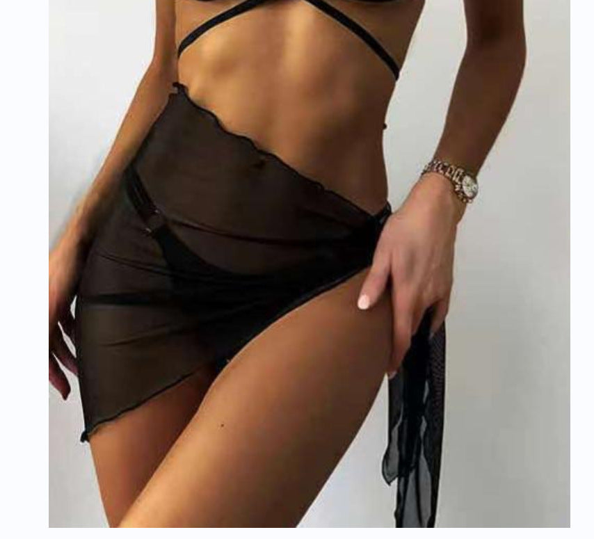 Black Bikini, Sexy Backless Design, In Stock, One Size, Three-Piece Solid Color Split Swimsuit
