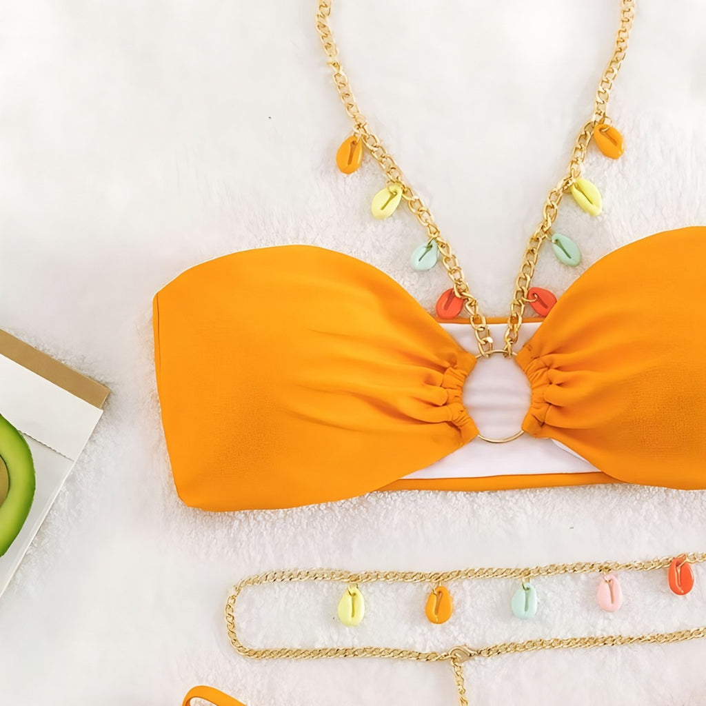 New Arrival Sexy Bandeau Bikini for Women, Solid Color Swimwear with Metal Neck Strap