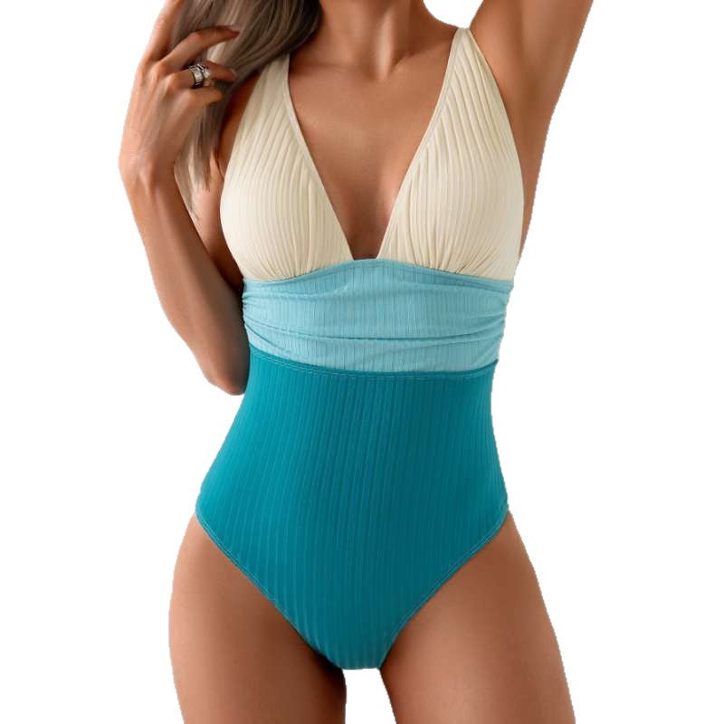 Women's Color-blocked One-piece Swimsuit with Deep V-neck, Adjustable Shoulder Straps, Slim-fit Design for Vacation Swimming
