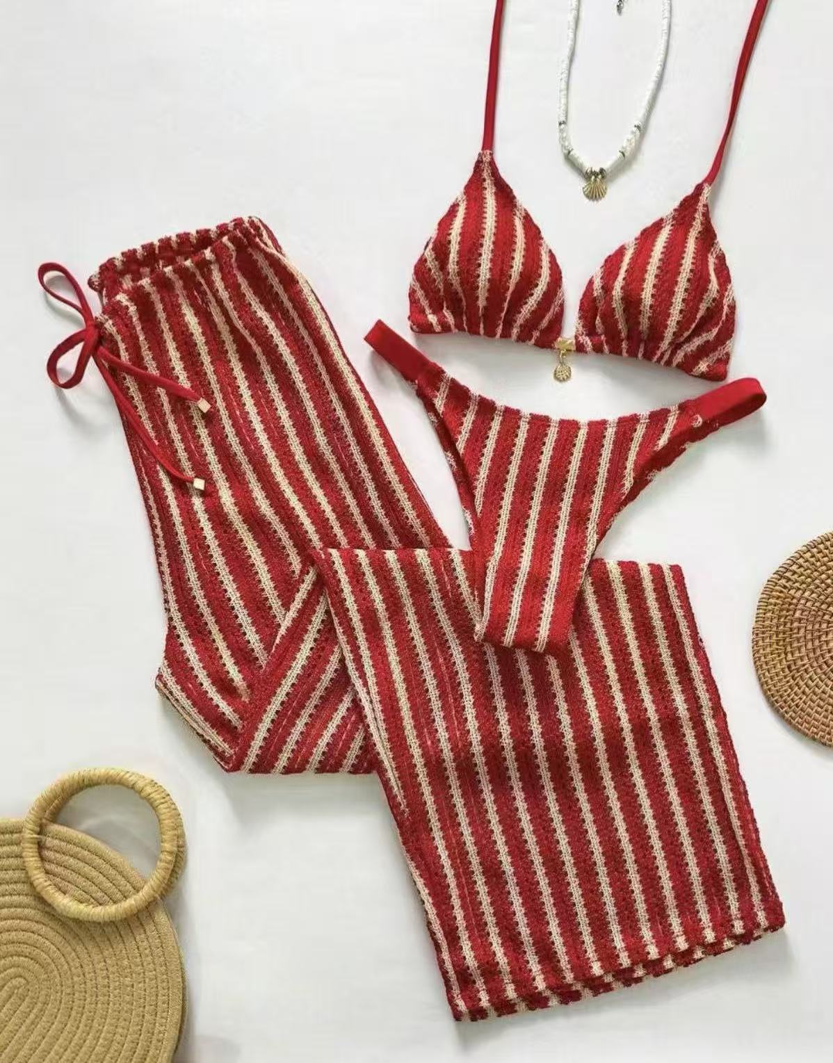 Fashion Sexy Striped Three-Piece Split Women's Bikini Swimsuit